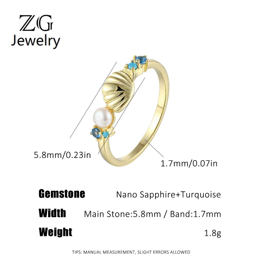 ZG Cute Shell Pearl Ring Nano Sapphire Turquoise Accent Brass Gold Plated Ocean Daily Wear
