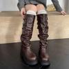 Ботильоны средней высоты на толстой подошве с плиссировкой и пряжкой для ремня женские 2025 осень и зима новые популярные брюки ковбойские ботинки ins трендовые ботинки