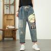 Большие размеры 2025 Женские брюки Летние свободные джинсы с высокой талией и принтом Шаровары с эластичной талией