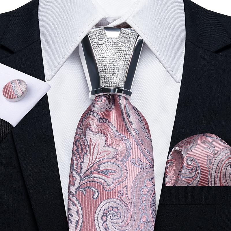 Formal White Necktie Set for Men Silver Ring Striped Silk Woven Ties Hanky Cufflinks for Wedding