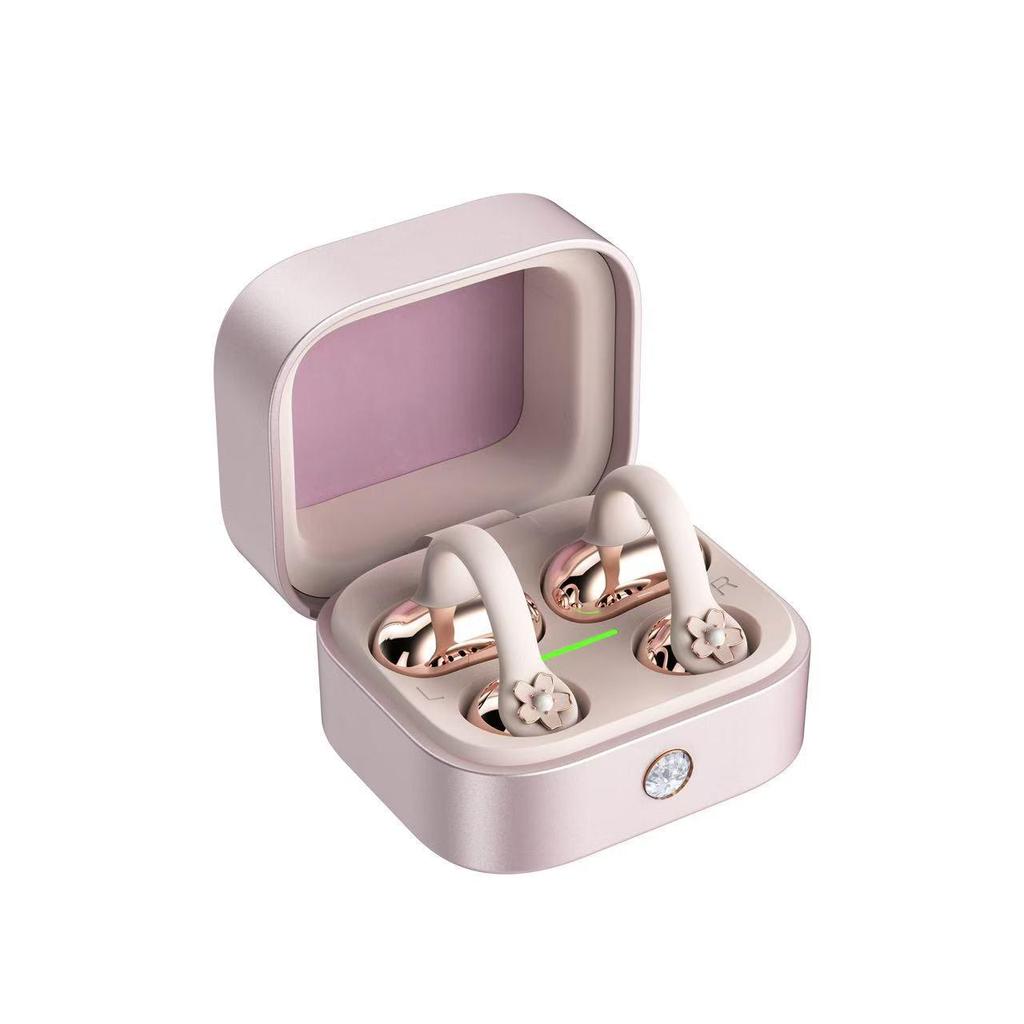 Limited Edition Pink Diamond Ear-Clip Bluetooth Headphones: Secure, Long-Wear Design, Perfect Gift Set in Jewelry Box for Girlfriend/Lover