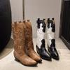 Fashion Autumn New Retro Embroidered Knight Boots Pointed Toe Thick Heel Mid-Tube Color Matching Fashion Luxury Western Cowboy Boots