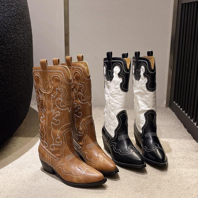 Fashion Autumn New Retro Embroidered Knight Boots Pointed Toe Thick Heel Mid-Tube Color Matching Fashion Luxury Western Cowboy Boots