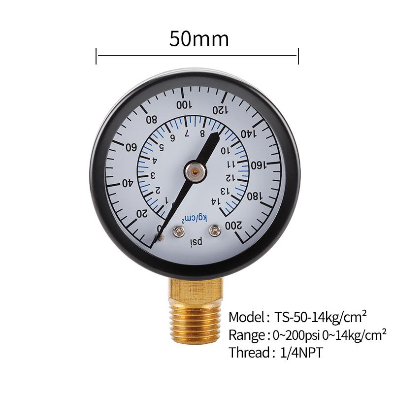 TS-50-14kg/cm2 50mm Dial Gas Pressure Gauge Stainless Steel Dual Scale Oil Water Pressure Gauge with 1/4'' NPT Mount