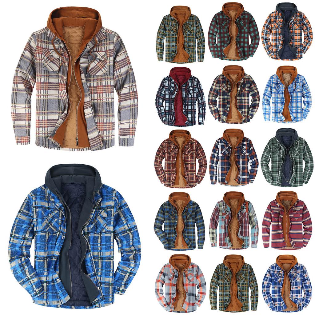 Men's Quilted Lined Button Down Plaid Shirt Add Velvet To Keep Warm Jacket With Hood