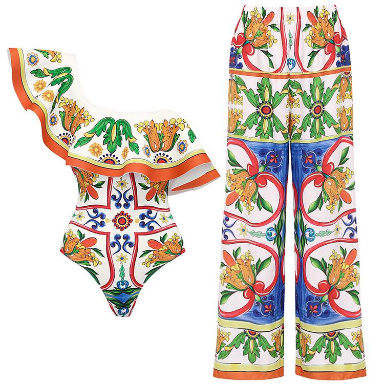 1011 European and American swimwear new women's shoulder ruffle edge enamel printing beach vacation one-piece swimsuit 11111