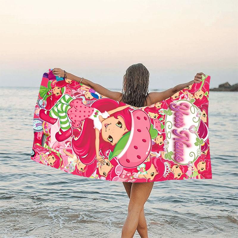 1pc Princess Strawberry Beach Towel with Custom Name, Beach and Seaside Swimming Pool Equipment, Fashion Pattern, Rectangular, Travel Essential