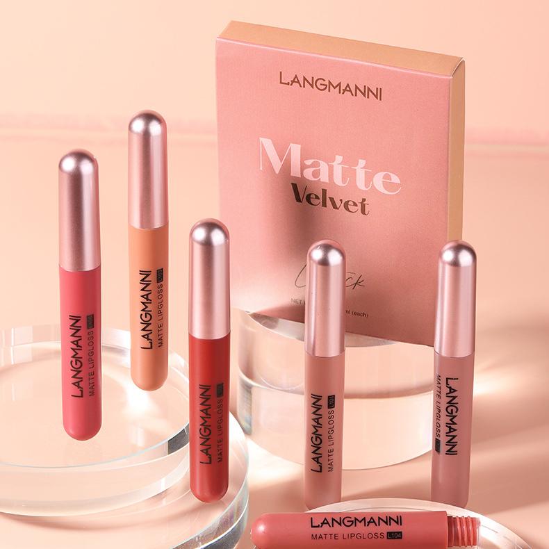 Набор матовых бархатных матовых блесков для губ, 6 наборов помады с глазурью для губ, водонепроницаемая и устойчивая к поту чашка с антипригарным покрытием для макияжа лица