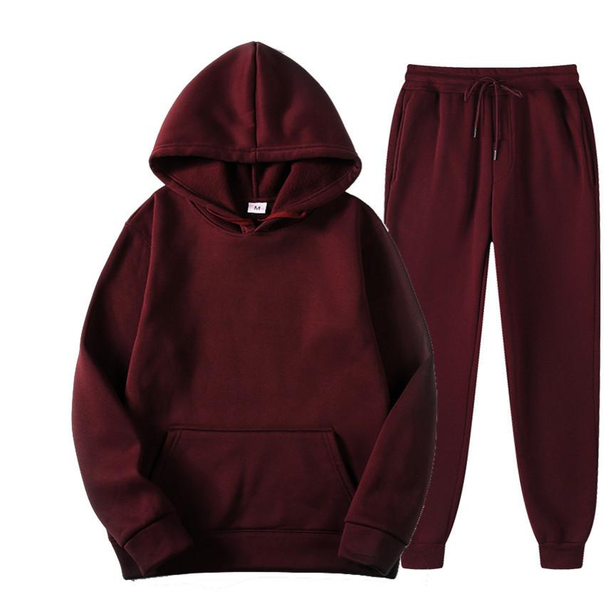Unisex Autumn Plus Velvet Fleece Tracksuit Hoodies Casual Solid Color Thick Pullover and Long Pant 2-piece Set Men Women Jogger Sports Suit