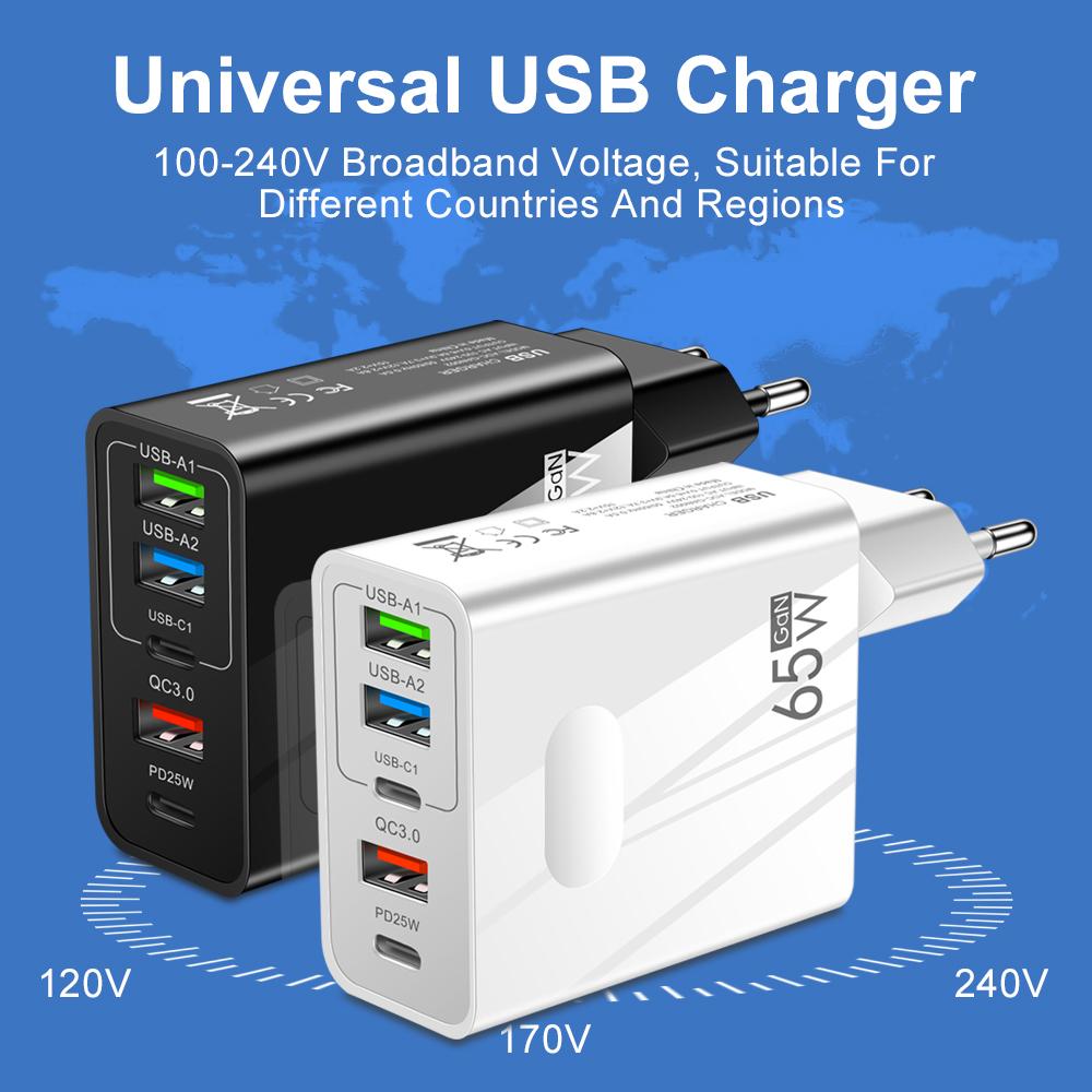 5 портов GaN USB зарядное устройство Quick Charge 3.0 65 Вт Быстрая зарядка телефонов Адаптеры питания для iPhone Samsung Xiaomi PD Type C настенное зарядное устройство