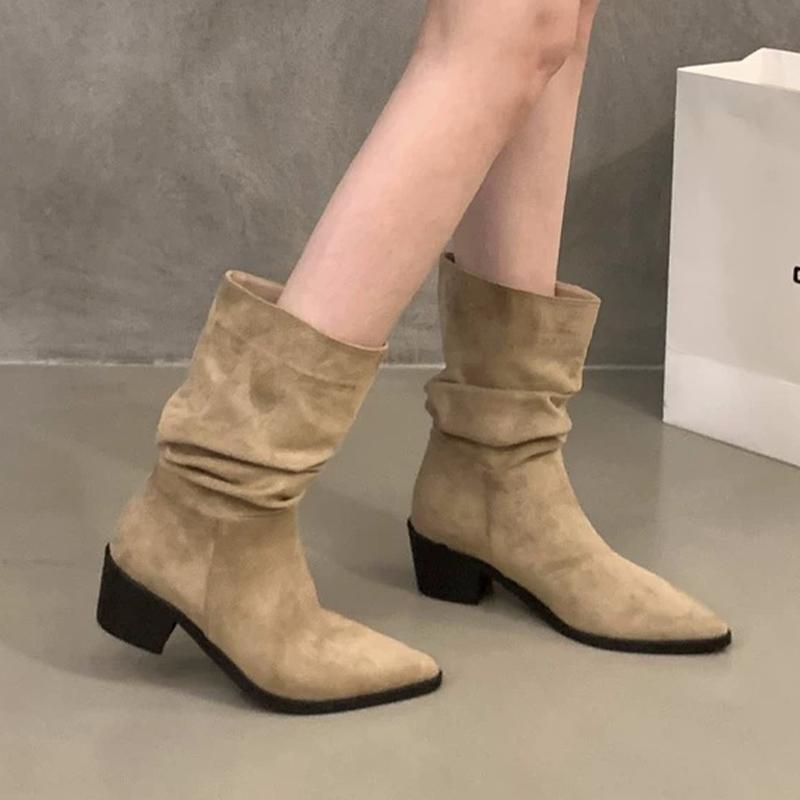 Зимние женские ботильоны на толстой подошве из замши с острым носком и складками на среднем каблуке 2025 года, классические готические туфли-лодочки Chelsea Botas De Mujer