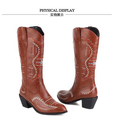 Европейские и американские осенне-зимние вышитые цветные толстые высокие каблуки высокие сапоги 40-48