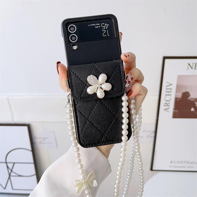 Модный чехол через плечо с жемчугом и бантом, ремешок для карточек, чехол для телефона для Samsung Galaxy Z Flip 4 3 Z Flip3 Flip4 5g, милые чехлы