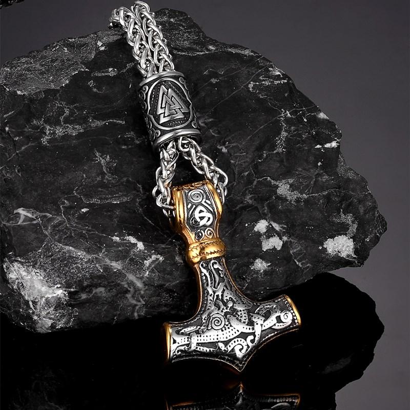 Stainless Steel Thor Hammer Mjolnir Viking Pendant Necklace with Chain Norse Rune Amulet Men Punk Gift