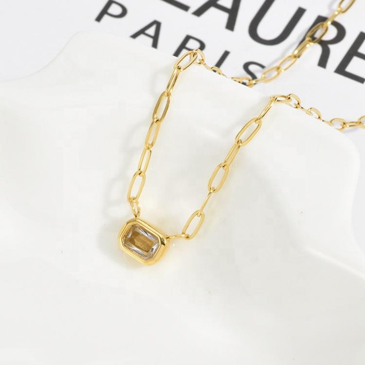 Latest Design Gold Plated Stainless Steel Lady Fashion Accessories Jewelry Women Link Chain Necklace Stone Charm Pendant