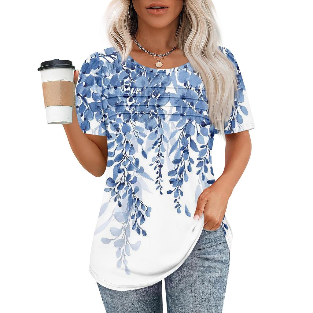 T Shirts For Women Pleated Round Neck Dressy Casual Blouses Printing Short Sleeve Summer Tops Loose Fit