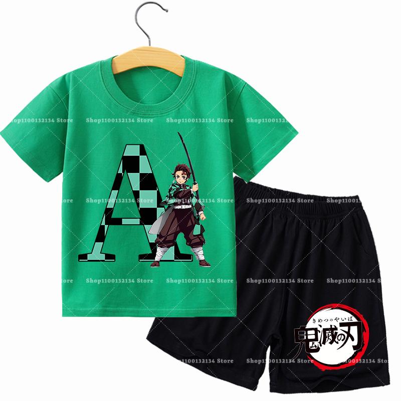 Demon Slayer Boy T-shirt Set Tees Anime Tanjiro Letter Print Children Polyester Short Sleeves Shorts 2pcs Set Kids Summer Clothes
