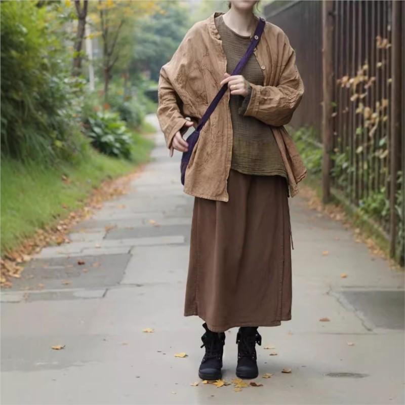 Johnature Женская осенняя винтажная однотонная юбка в китайском стиле с эластичной резинкой на талии и повседневными уздечками