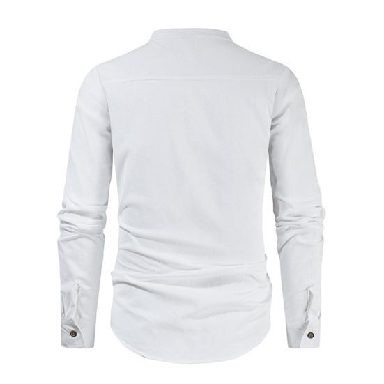 Мужская льняная рубашка, повседневная, с длинным рукавом, на пуговицах, однотонная, мужская, пляжная, с воротником-стойкой, летняя рубашка