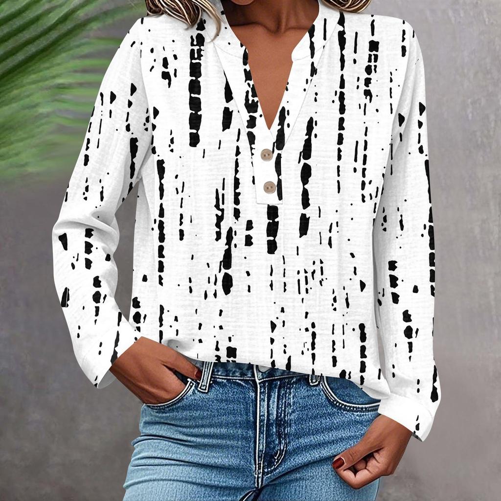 Женская модная и повседневная рубашка с длинным рукавом, V-образным вырезом, на пуговицах, с принтом, блузка, топ