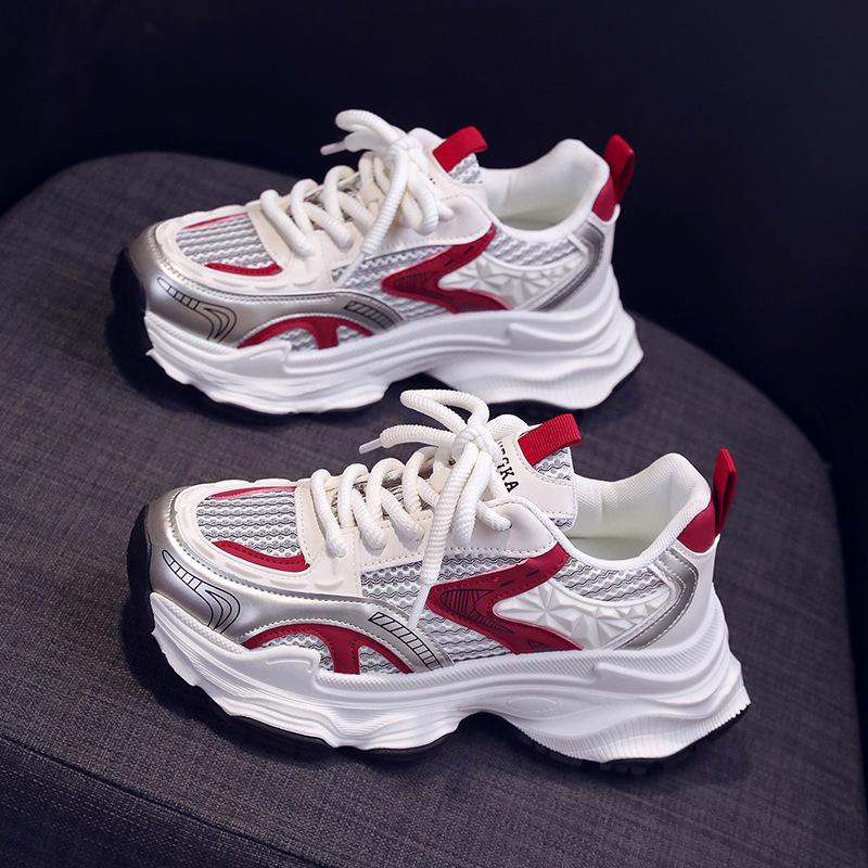 Sneakers women's 2024 summer new popular mesh breathable casual little white shoes fashionable thick-soled heightening dad shoes