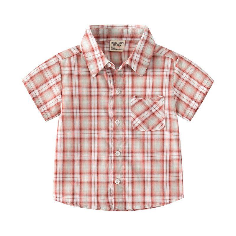 Children's Clothing Summer Boys' Casual Shirts Small and Medium-Sized Children's Lapel Plaid Shirts Cotton Comfortable Children's Short-Sleeved Tops