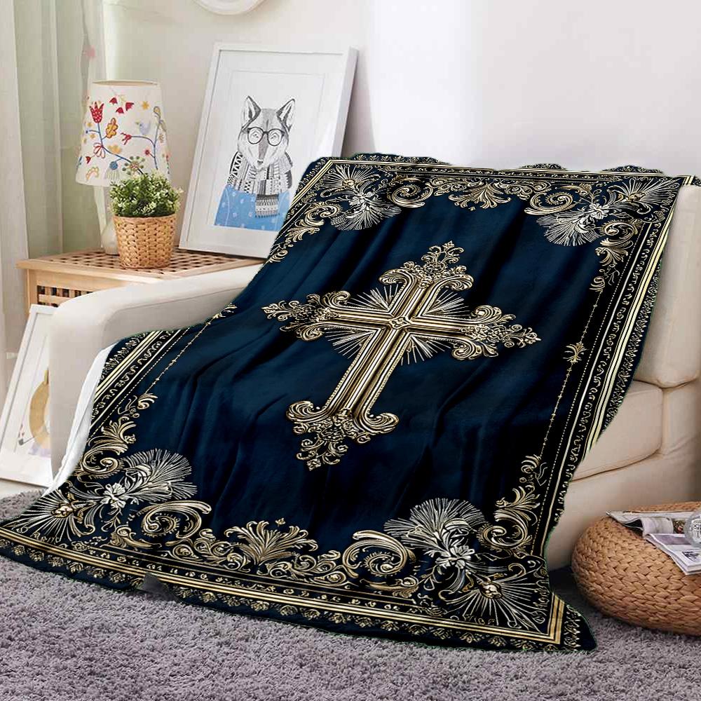Golden Cross Flannel Blanket Throw Blanket Soft Warm Sofa Bed Camping home Decor Unique Christmas Gift C9261762
