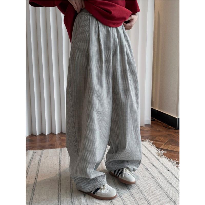 Johnature Korean Lazy Relaxed Striped Women Pants Spring Summer Casual Elastic Waist Loose Wide-leg Trousers