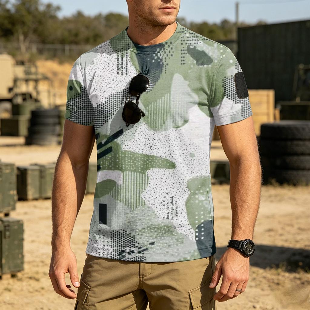 Men Tactical Camouflage Pattern Crew Neck Loose Fit Short Sleeve Outdoor Quick Dry T Shirt with Velcro Patch Panel