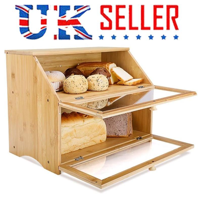 2 Tier Bamboo Bread Bin Double Layer Kitchen Storage Container Loaf Bread Box