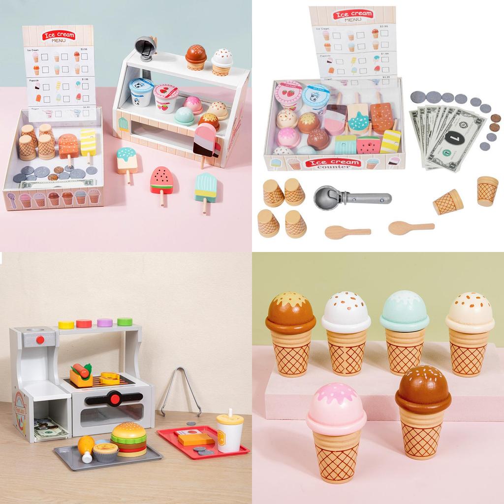 Cream Wooden Ice Stand Toy With Cash Register And Fruit Accessories Playtime For
