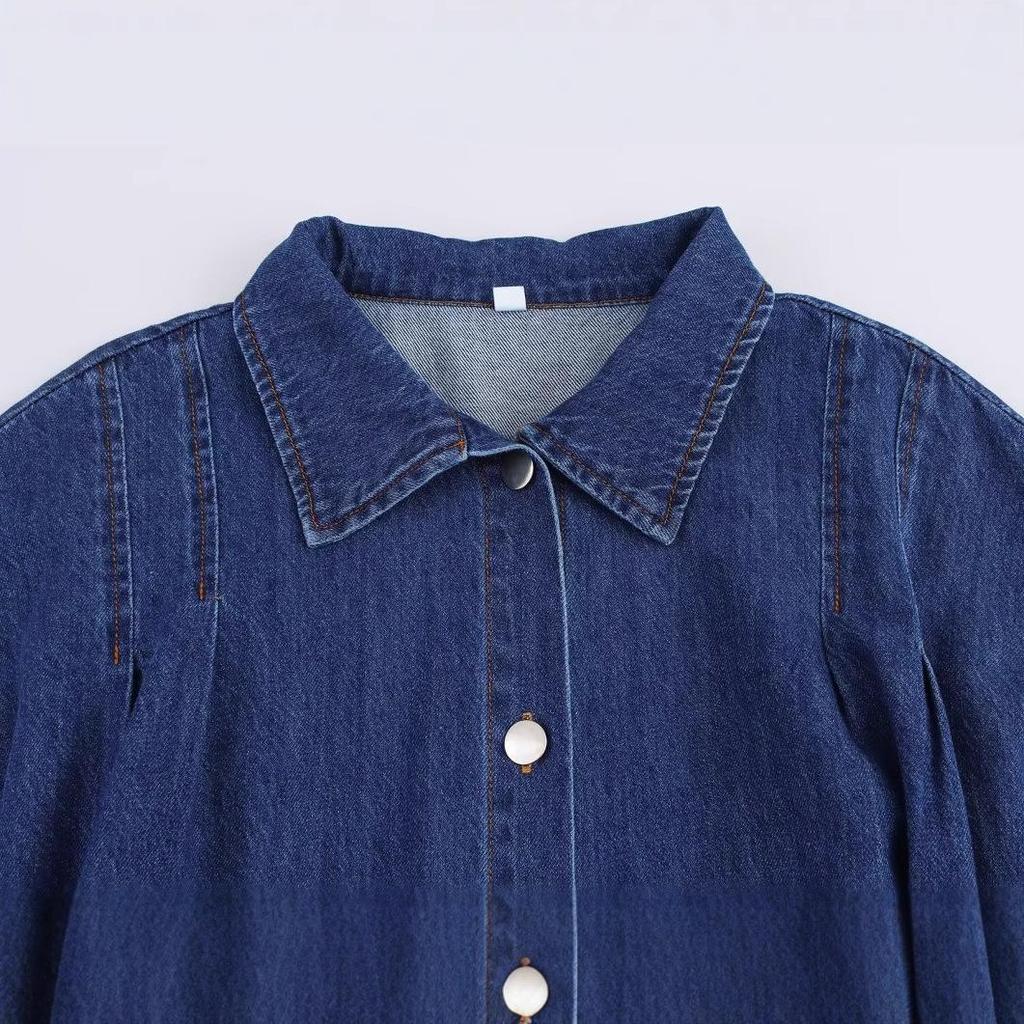 2025 Cotton French Retro Slimming Denim Shirt Dress – High-End Waist-Cinching Long Dress for Women, Autumn Collection