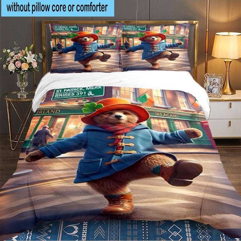 Red Hat Bear In The City 3PCS Bedding set,Ideal for 1pc Duvet Cover And 2pcs Pillowcases Perfect for Fan gift,Ideal for Bedroom, Dormitory