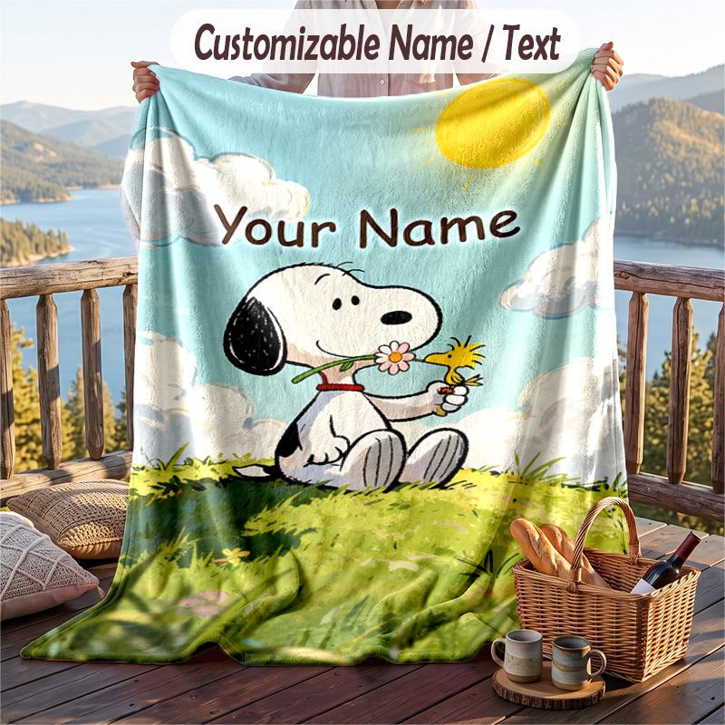 Custom Text Flannel Throw Blanket, Lightweight Cozy Bed Sofa BlanketSnoopy Peanuts