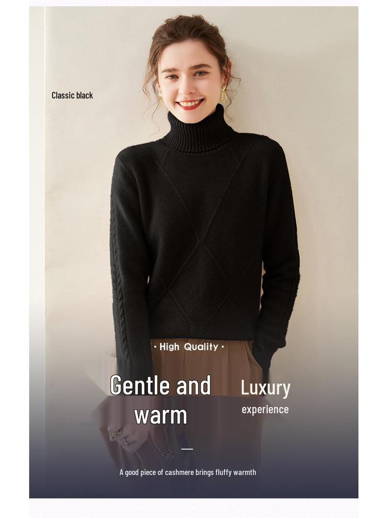 Женский кашемировый свитер с высоким воротником ромбовидной вязки - Плотный, стильный базовый слой для осенне-зимних нарядов