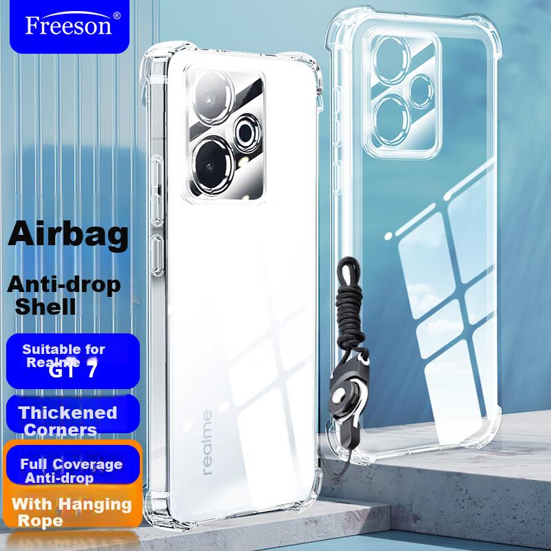Freeson Phone Case for Realme GT7, Simple And Slim Full Protection Camera Lens Anti-Drop Clear Soft Air Cushion Corners - with LanyardTransparent