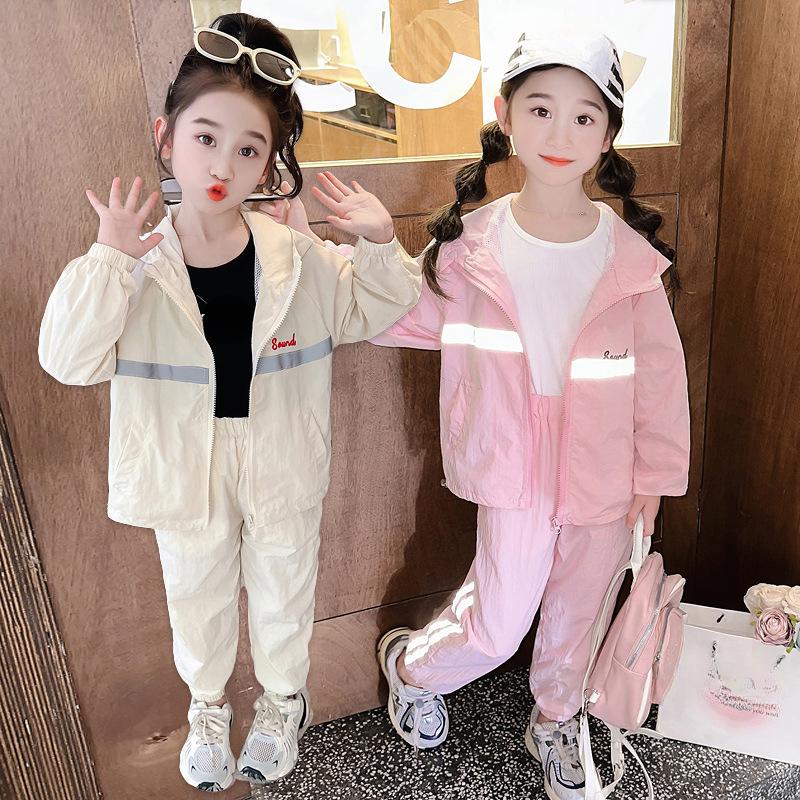 Girls' Suit Casual Sports Hooded Windbreaker Wear Children's Sportswear Spring and Autumn Simplicity Two-Piece Suit