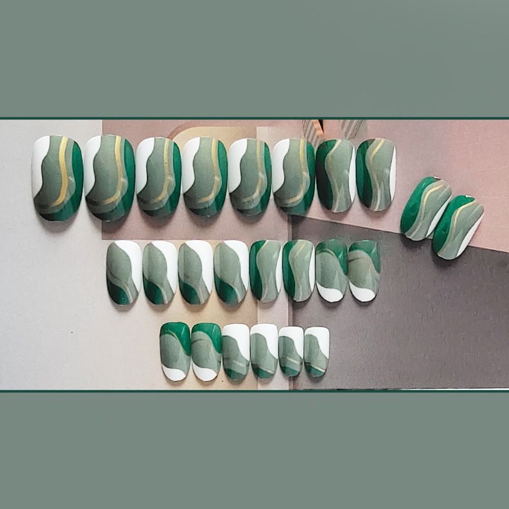 24pcs Detachable Green Gold Lines Style DIY Full Cover Short Oval Fake Nails French