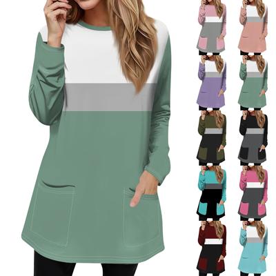 Женская мода повседневный свитер футболка с круглым вырезом карман полосатый пэчворк принтованный топ с длинным рукавом