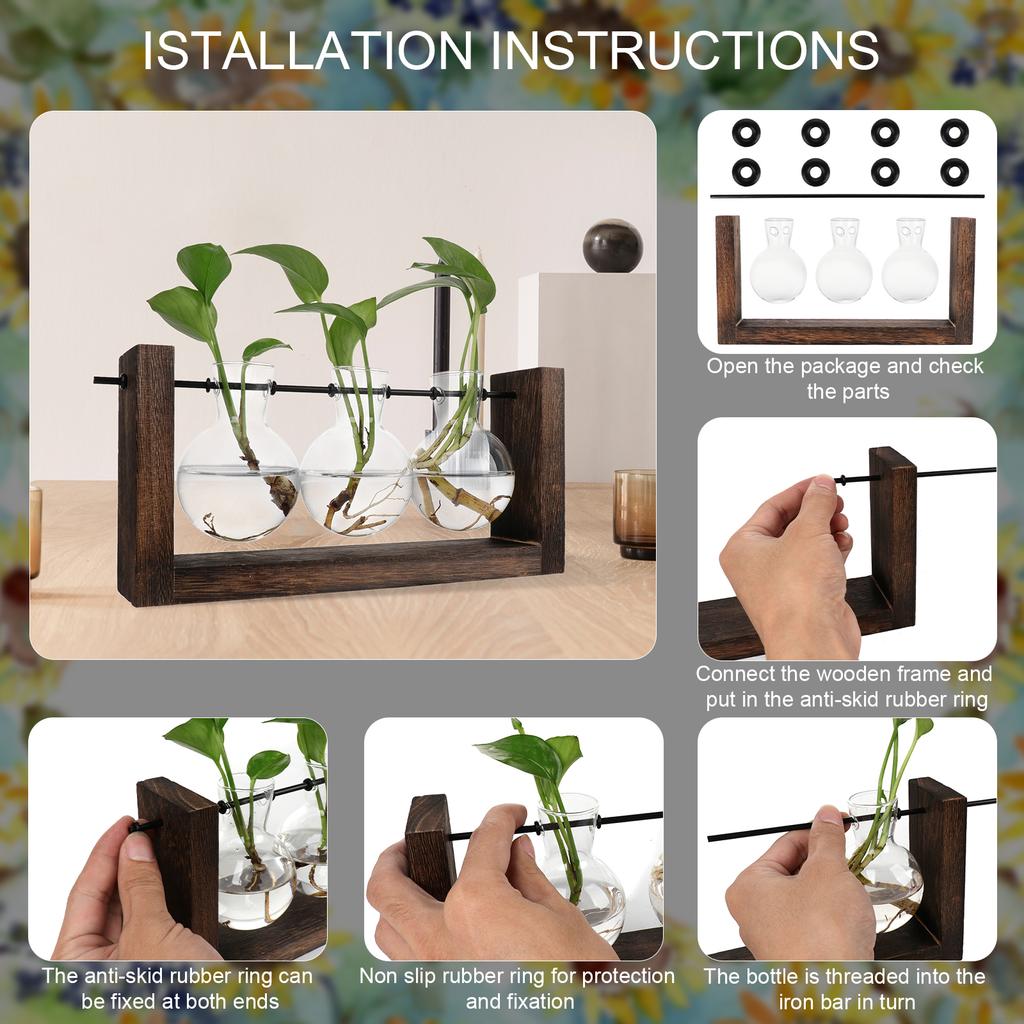 Гидропонная ваза, простая декоративная стеклянная ваза для цветов, террариум для растений с деревянной подставкой