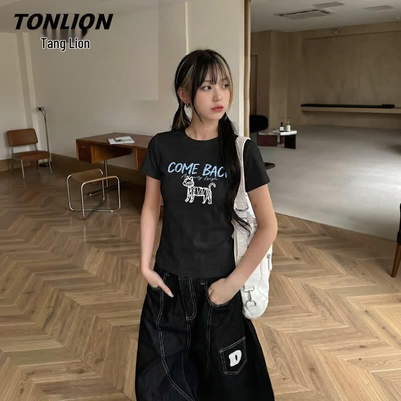 Женская приталенная футболка TonLion с круглым вырезом и короткими рукавами