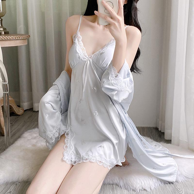 2025 Women's Ice Silk Camisole Nightdress & Robe Set - Sexy, Light Luxury Style for Home or Outdoors