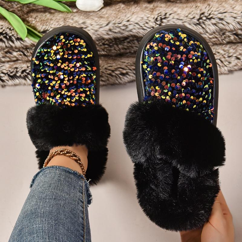 Autumn and winter women's thick-soled thickened plush snow boots sequined help popular large-size cotton slippers