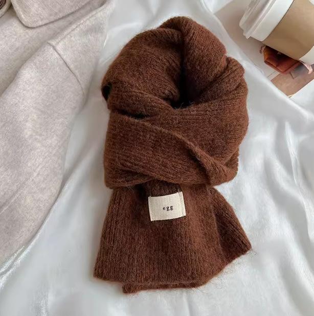 Korean cotton knitted wool scarf women's autumn and winter atmosphere white thickened warm solid color scarf