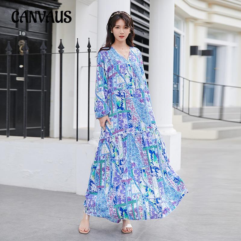 Плюс Размер Женское Осеннее Праздничное Шифоновое Платье С Длинными Рукавами V-образный Вырез Длинное Свободное Платье