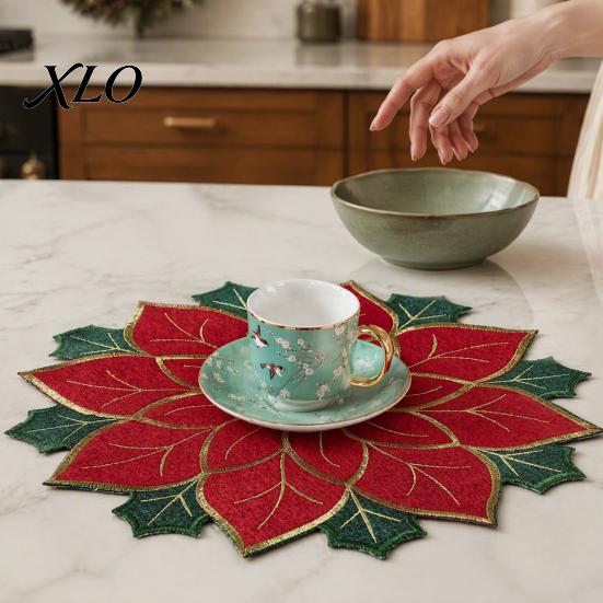 Christmas Party Table Settings Floral Leaf Placemat for Dining Table, Decorative Polyester Fabric Placemats Mats with Festive Leaves Design Home Decor