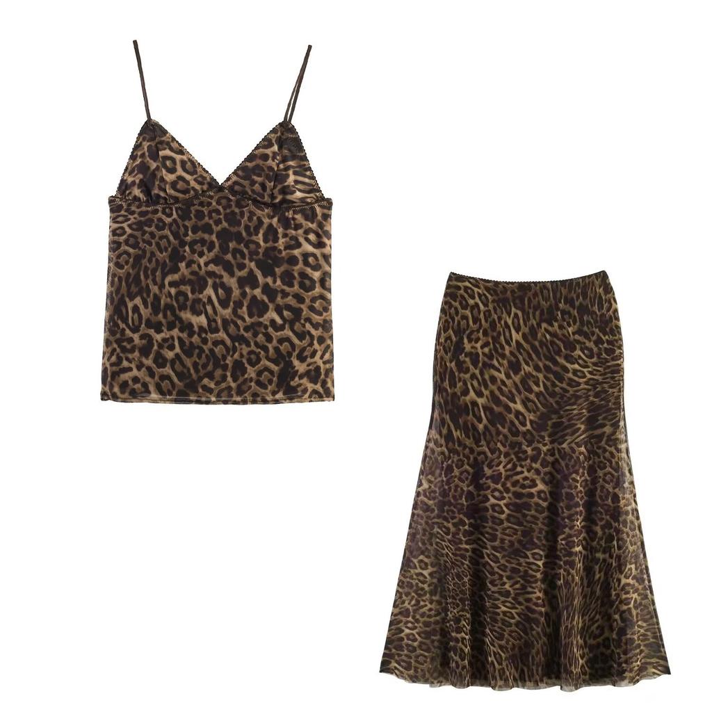 European and American style French women's fashion animal pattern printed silk mesh top + printed silk mesh skirt