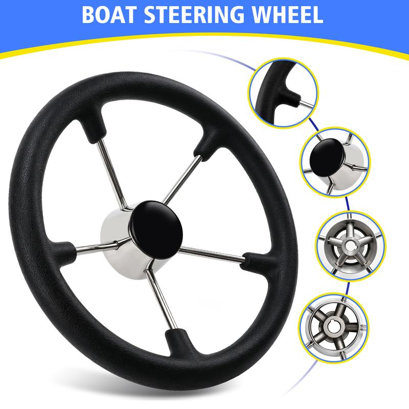 13-1/2" Boat Steering Wheel Stainless Steel 5 Spoke Sport Steering Wheel With Black PU Anti-skid And Anti-sweat Function