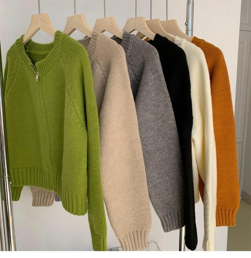 Avocado Green Double Zipper Knit Cardigan Sweater – Slimming, Versatile, Short Outerwear for Women