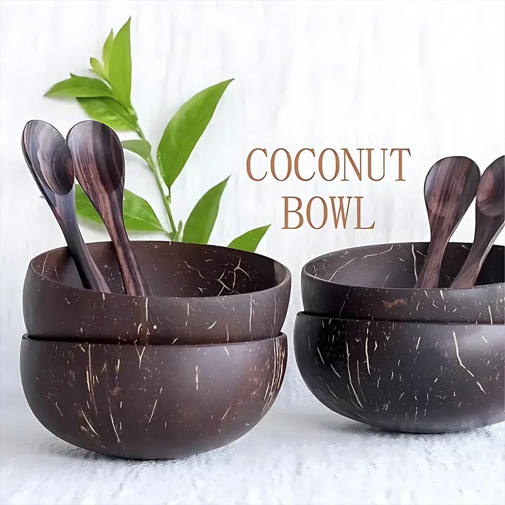 Natural Coconut Bowl Wooden Handmade Coconut Bowl Dinnerware Set Handmade Spoon for Desserts Fruit Salad Kitchen Utensils